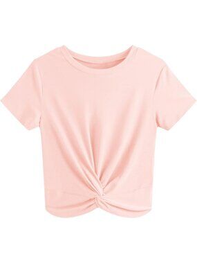 Women's T Shirt Light Pink Summer Causal Short Sleeve Blouse Round Neck Crop Top